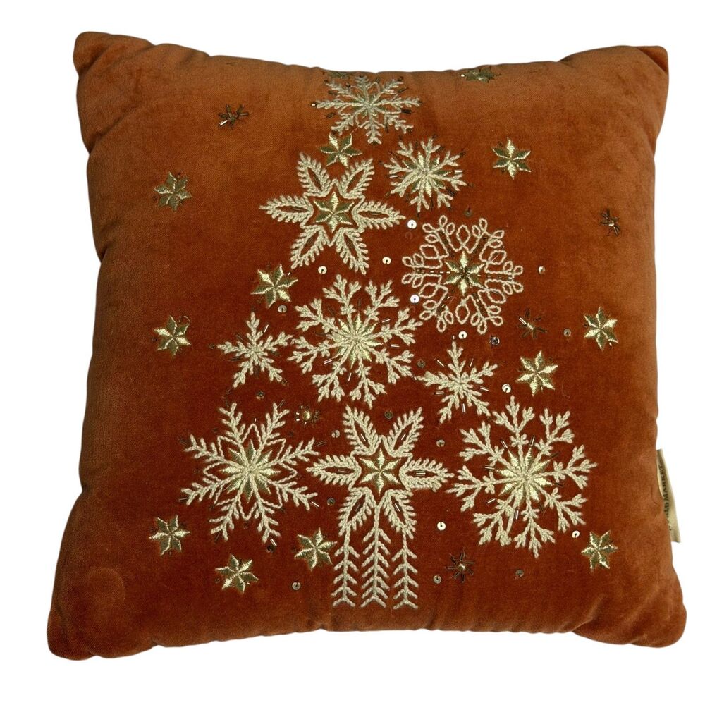 World Market Accent Pillow Velvet Embroidery Snowflake Christmas Tree 13 x 13